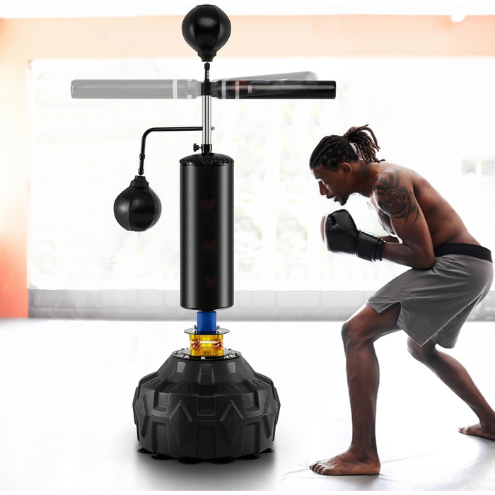 COSTWAY Стенд-бокс, боксерський мішок на стійці, регульована висота, 360° відбиваюча стійка, 2 швидкосні м'ячі, комплект боксерського мішка, кікбоксингу, MMA для дітей та дорослих, 173-213 см