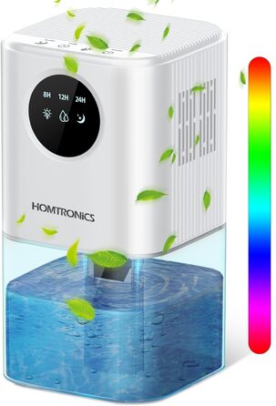 Електричний осушувач повітря Homtronics 1700 мл, портативний, тихий, з 7 кольорами підсвічування, таймер, для ванної, спальні, шафи, кухні (білий)