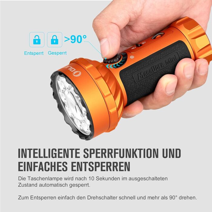 OLIGHT Marauder Mini LED ліхтар Super Hell 7000 Lumen, 600 метрів, перезаряджуваний, з прожектором та світловим потоком, 3 кольори LED, датчик відстані, для активного відпочинку (Orange)