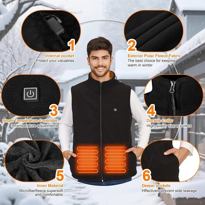 Обогревна жилетка TOUVE для чоловіків та жінок, електрожилетка з поларфлісу, 5 зон обігріву, 3 режими температури, чорний, 2025 (без Powerbank)
