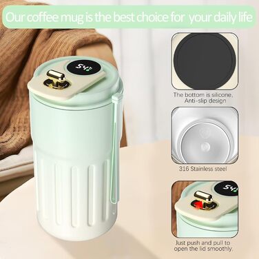 Термокружка для кави HomeAlexa з цифровим дисплеєм, 410 мл, нержавіюча сталь 316, ізольована вакуумна термокружка з кришкою, зелена