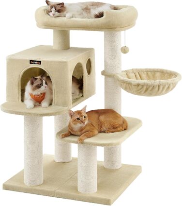 Feandrea Cat Tree for Large Cats, XXL, Heavy-Duty, Cat Tower with 6 Extra Thick Scratching Posts, Large Platform, Cave, Basket, Flexible Assembly, Detachable and Washable Cushions, Beige PCT01M