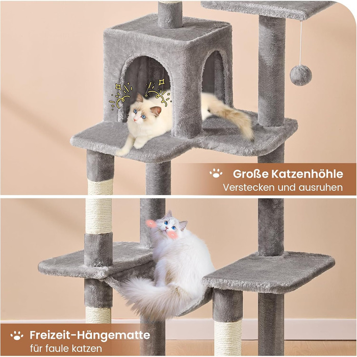 Кігтеточка для котів MSmask велика, багатоповерхова з платформами, гамаком та сизалевими стовпами (світло-сіра)