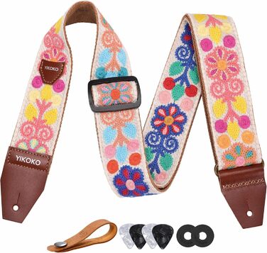 Гітарний ремінь 5,1 см з бавовни з шкіряними кінцями для бас, електро- та акустичних гітар (Квіткова візерунок 01)