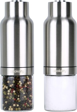 Електричний набір для солі та перцю з нержавіючої сталі з керамічним жорном. Набір для спецій: мельниця для перцю, солянка, мельниця для солі. Сріблястий колір, скляний.