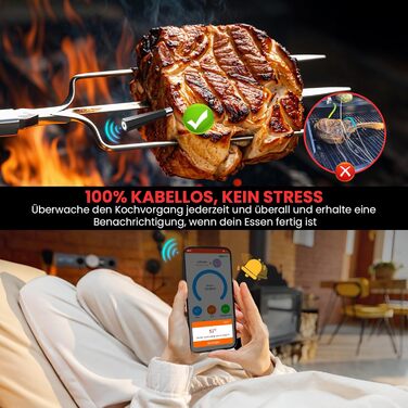 Бездротовий термометр для м'яса з двома датчиками, цифровий термометр для приготування страв з підключенням через додаток, Bluetooth, 150м, для гриля, кухні, барбекю, духовки, коптильні, ротатерії, фритюрниці, подарунок, чорний