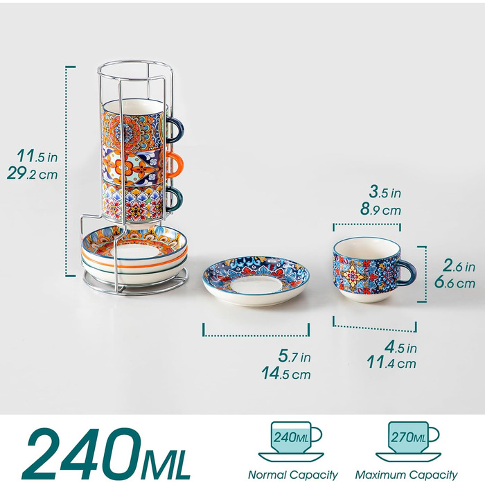 Набір чашок для еспресо Vancasso 4 шт., 150 мл SIMI з підставками та стійкою, керамічні, для капучино, еспресо, лате