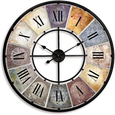 Large Vintage Wall Clock Retro XXL Antique Metal Clock Stainless Steel Large Shabby Chic Roman Numerals Large for Living Room Wall Ø 80cm (Metal Multicolor)