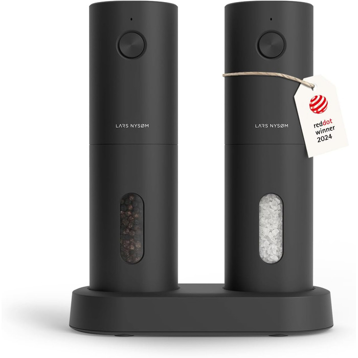 LARS NYSØM Electric Salt and Pepper Grinder Set of 2 with Adjustable Ceramic Grinding Mechanism from Coarse to Fine | Design Spice Grinder Set Automatic (2 Pieces) (Carbon Black)