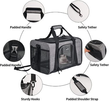 Транспортна переноска для котів та собак, що складається, для подорожей літаком. Підходить для великих котів та цуценят. Сіра переноска для тварин, розмір L (45x28x28 см)