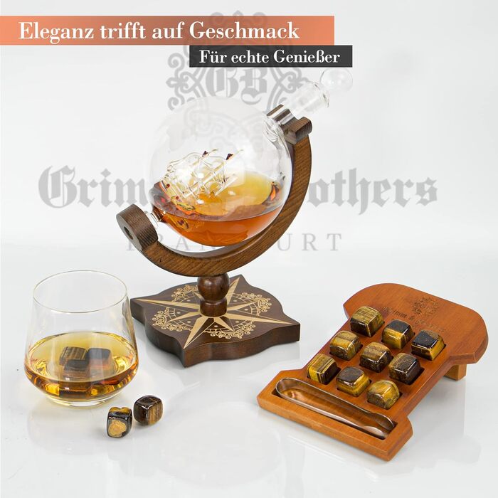 Grimm & Brothers: Compass Decanter - Genuine Wood - Whiskey Decanter 850ml with Congratulatory Card - Whiskey Accessories - Men's Gifts - Globe Whiskey Decanter - Gift Set - Alcohol - Whiskey Decanter