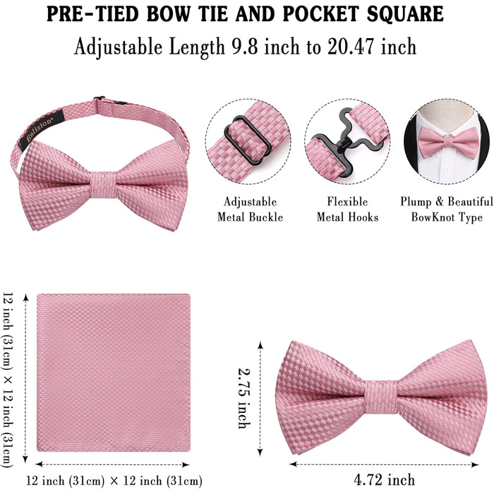 Краватка-метелик чоловіча Enlision з кишеньковим хустинкою - Комплект краваток для весілля, пов'язування, костюма, з подарунковою коробкою (Рожевий 2)