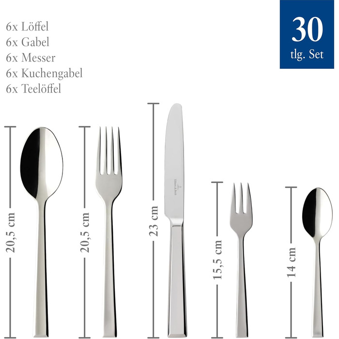 Villeroy & Boch – Victor Tableware Set, 30-Piece, Cutlery Set for 6 People, Dishwasher-Safe, Stainless Steel, Knives, Forks, Spoons, Dinnerware Set, 30-Piece Stainless Steel Cutlery Set, Single