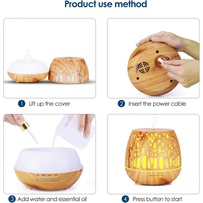 Дифузор Aroma Simpeak 400 мл, ультразвуковий аромадифузор з дерева для ефірних олій, зволожувач повітря з пультом дистанційного керування - дерев'яна різьба, світло-коричневий, легке дерево