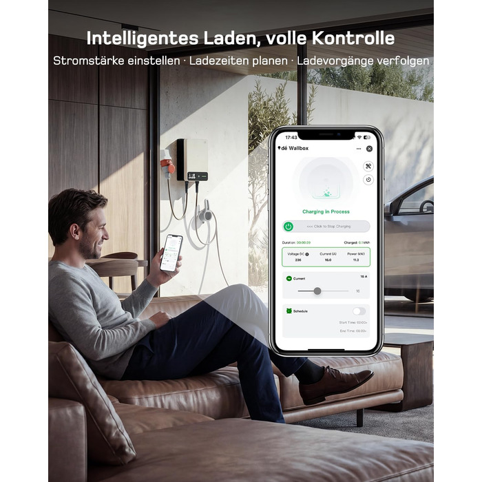 Wallbox 11 кВт з Wi-Fi та кабелем Type 2 7,5м, 3-фазне зарядне для електромобілів (BEV/PHEV), 6-16A, 400V, RCD Type A 30mA/DC 6mA, IP54, чорний. Зарядна станція для дому.