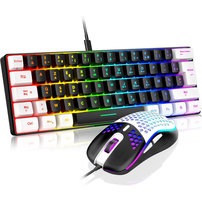RedThunder K62 Бездротова ігрова клавіатура та миша, RGB, AZERTY, 62 клавіші, міні, для PC/PS5 (Чорний/Білий)