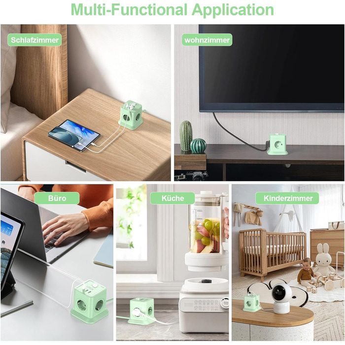 Мережевий адаптер FDTEK 7-в-1 з USB-C та USB-A, 4 розетки, 2500W/10A, куб з вимикачем, 1.8м кабель