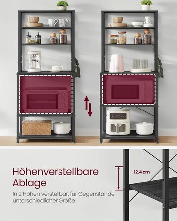 Стелаж кухонний VASAGLE, підлоговий, для мікрохвильової печі, 6 полиць, 6 гачків, сталевий каркас, рустикальний стиль, 40 x 60 x 167 см, золотий дуб + білий, KKS024W09