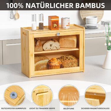 Бредониця з бамбука з вентиляцією, 2 полиці та великим оглядовим вікном, дерев'яний контейнер для хліба, безпечний для харчових продуктів, легкий у догляді, 40x31x17.5 см (EX-MBX01-2C-YUAN)