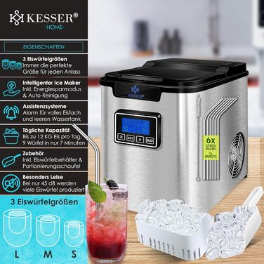 Машина для приготування льоду KESSER® з нержавіючої сталі, 150W, 12 кг/24 год, 3 розміри кубиків, таймер, LCD-дисплей, аксесуари