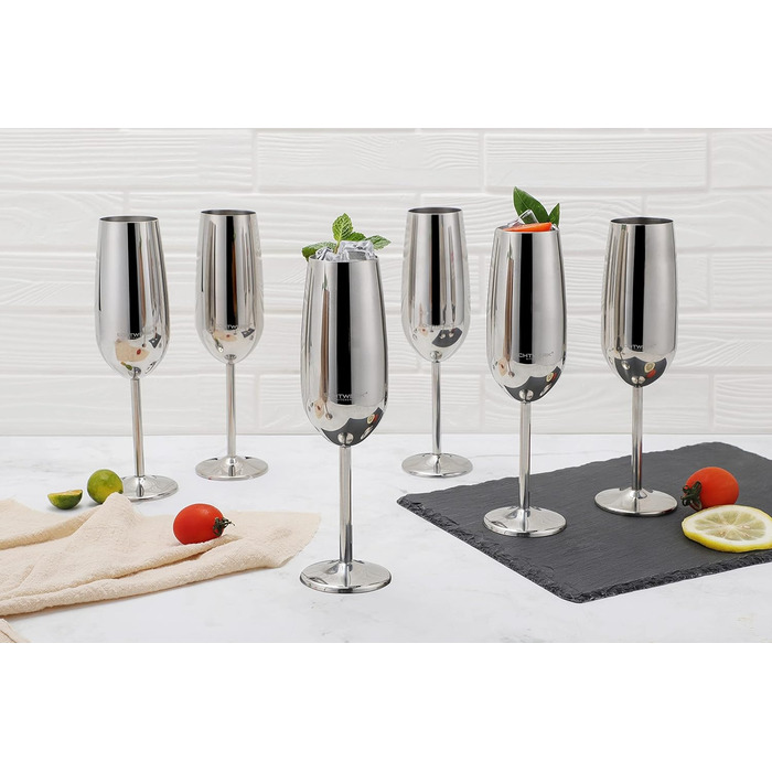 Набір келихів для шампанського та шампанського з нержавіючої сталі, 6 шт., 250 мл, сріблястий, для вечірок, свят, пікніків, подарунок