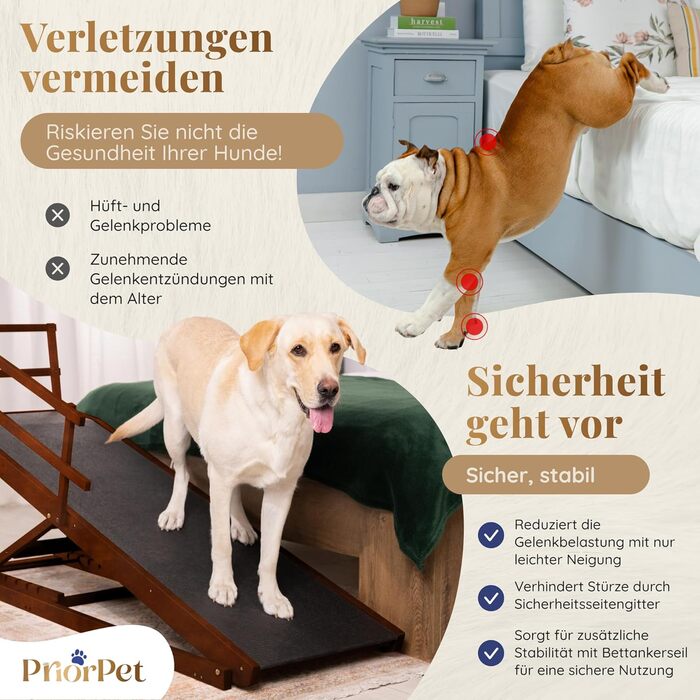 Східці для собак до ліжка з огорожею - для великих собак до 90 кг - регульована висота до 94.5 см - ширина 49.5 см - складаються - антиковзні ручки - з берези - колір натуральний (волоський горіх)