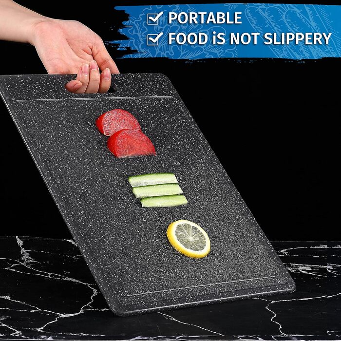 Набір обробних дощок 3 шт. з імітацією граніту, антиковзаючі наклейки, жолоб для соку, BPA-Free, з ручкою. Дошки з пластику, антибактеріальні, чорного кольору. Аксесуари для кухні