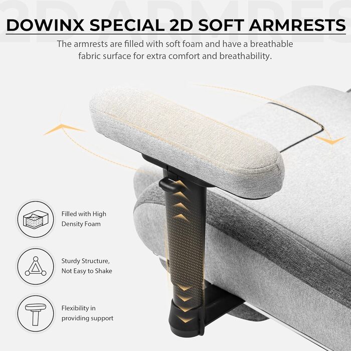 Ігровий крісло Dowinx з тканини, ергономічний геймерський крісло з м'якими підлокітниками, стабільний ігровий та офісний крісло для тривалого сидіння (Сірий)