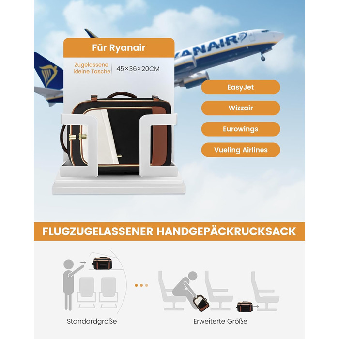 Рюкзак для ручної поклажі Ryanair LOVEVOOK 45x36x20, 32L, Anti-Diebstahl, для жінок та чоловіків, підходить для Eurowings, Wizz Air, чорний+бежевий+каштановий