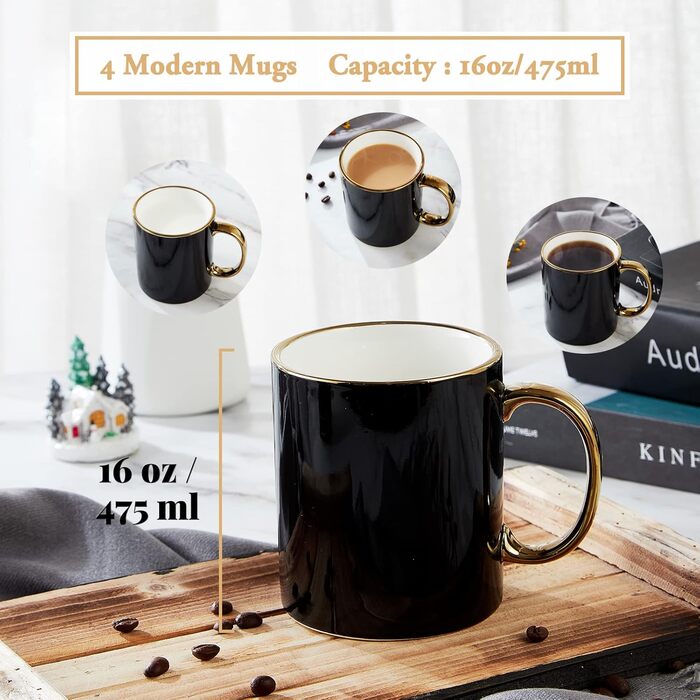 DUJUST Black Coffee Cup Set of 4 (470ml), modern and stylish design with handcrafted gold trim, black and gold cup for coffee, beautiful and elegant top-grade porcelain mugs