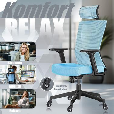 Офісне крісло KESSER® ергономічне з регульованими підлокітниками, підтримкою попереку та підголівником | Крісло для офісу з функцією гойдання до 125° та 5 колесами | Синій/Чорний