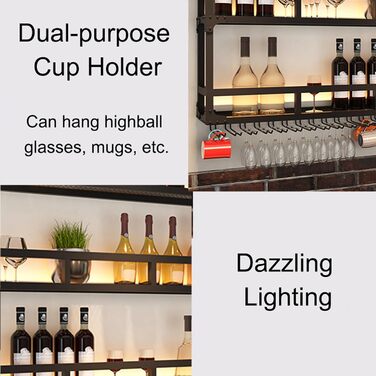 Металева полиця для вина на стіну з підсвічуванням, 80 см, чорний колір. Вузька шафа для вина, підставка для келихів, міні-бар для дому, кухні, вітальні. 3 яруси.