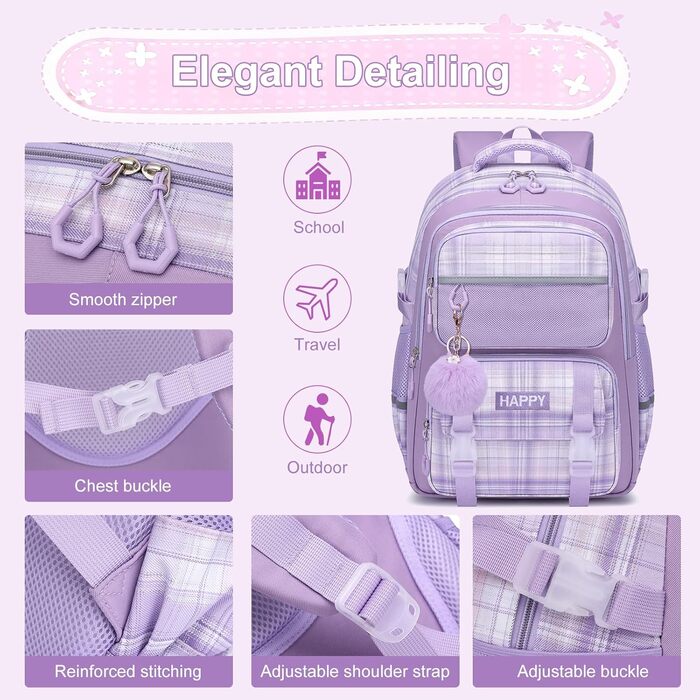 Шкільний рюкзак для дівчаток з візерунком, дихаючий та водовідштовхуючий рюкзак для 1-5 класів (рюкзак для дітей + ізольована ланч-торбинка + пенал, фіолетовий)