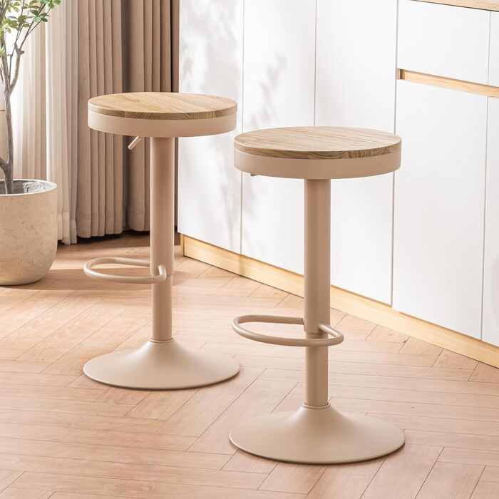 Kidol Adjustable Height Bar Stools 2-Pack - 360° Swivel, Round Wood Seat, Metal Frame - Kitchen/Bar/Living Room Stools