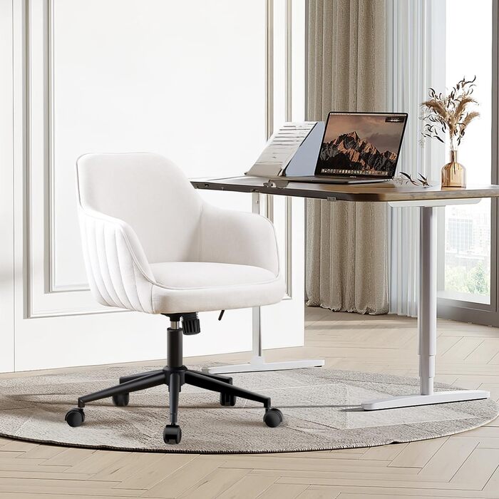 Офісний стілець для дому та офісу до 136 кг, обертовий, оксамит, з підлокітниками та колесами, ергономічний, білий