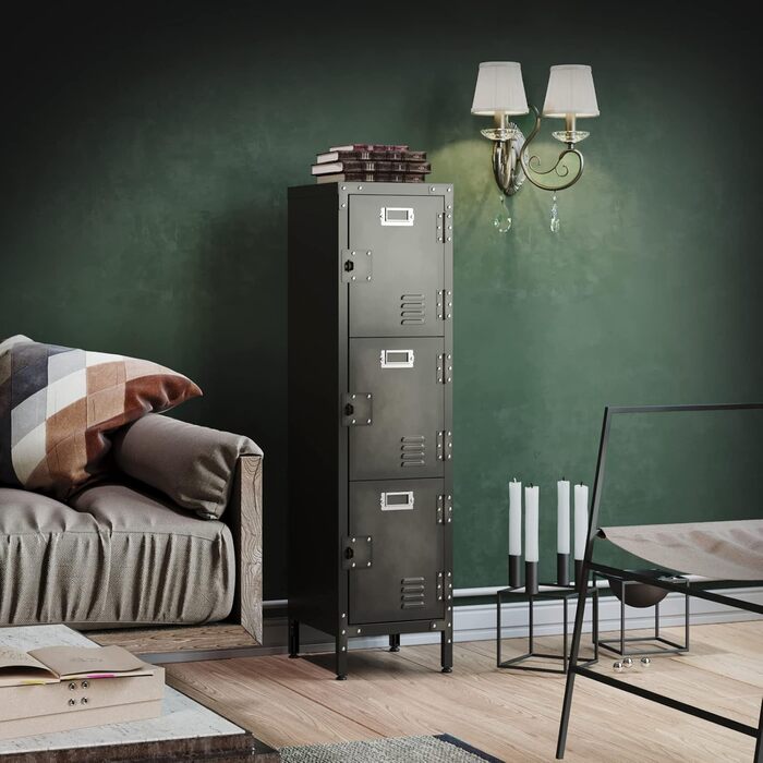 Metal locker with lockable doors, industrial steel cabinet for school, home, office, garage, H140*W38*D46 cm (3 doors)