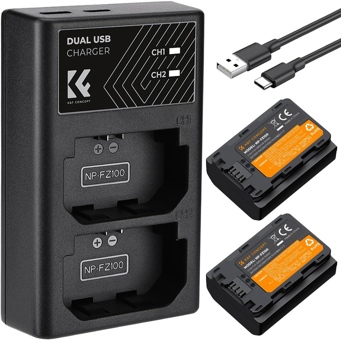 Запасний акумулятор K&F Concept NP-FZ100 (2 шт.) 2280mAh з USB зарядним пристроєм для камер Sony Alpha 9, A9R, A9S, A7RIII, A7 III, A7RIV, ZV-E10ii
