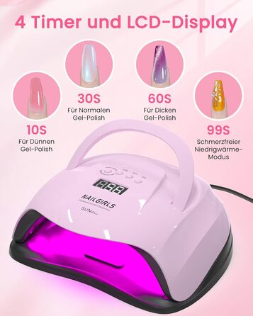 LED UV лампа для нігтів NAILGIRLS 150W з таймером, датчиком, LCD дисплеєм та знімною магнітною платформою. Підходить для гель-лаку, нігтів рук та ніг (Рожевий 268W)