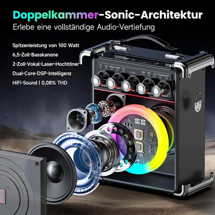 Караоке машина JYX з 2 бездротовими мікрофонами, портативна караоке система з підсвіткою RGB для дорослих та дітей - портативна Bluetooth караоке-бокс з мікрофоном та PA-динаміком, чорний Tx05