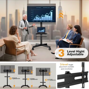 Мобільна підставка-стійка Hemudu для LCD/LED телевізорів 23-60 дюймів, регульована за висотою, з полицею для ноутбука та колесами, до 35 кг, VESA 400x400 мм