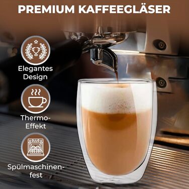 Набір склянок для лате макіато Zobel 350 мл (4 шт.) з ручкою, подвійні стінки, боросилікатне скло, з підставками та ложками, придатні для миття в посудомийній машині та термостійкі