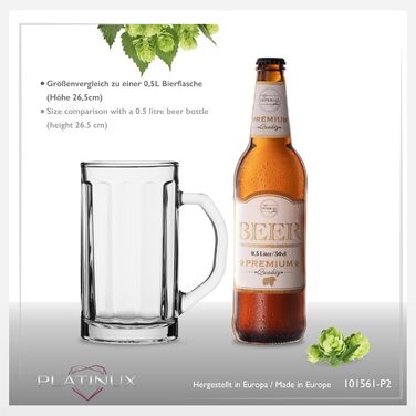 Набір скляних пивних кухлів PLATINUX Bierseidel з ручкою, 6 шт, 300 мл (макс. 350 мл) + 2 кухлі 500 мл, прозорі