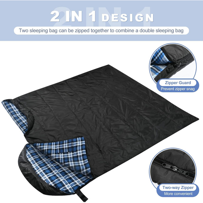 Спальний мішок Baumwoll-Flanell для дорослих: легкий, водонепроникний, 100% бавовна. Ідеально для кемпінгу, подорожей та відпочинку на природі (чорний / синій)