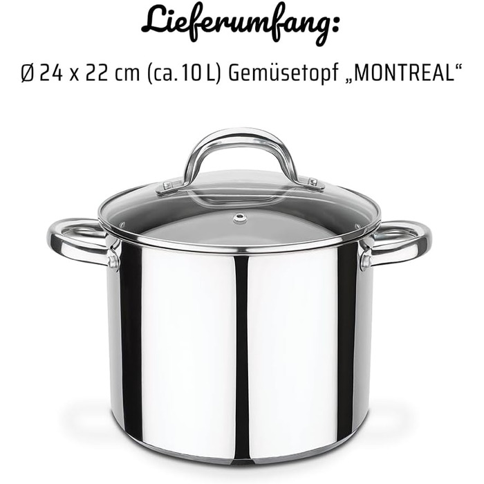 Каструля для овочів GSW 990264 Montreal з кришкою, 24 см, 10 л, нержавіюча сталь, для індукції та духовки