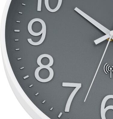 Foxtop Wall Clock Radio-Controlled Wall Clock 30 cm Silent & No Noise Large Dial Analog No Ticking For Kitchen, Living Room, Bathroom DCF Radio Signal Modern Design White-Gray