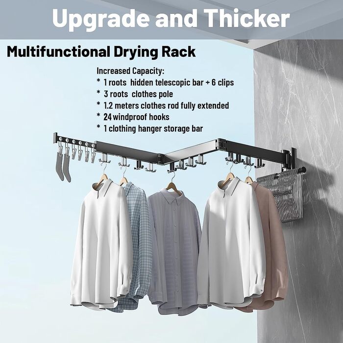 Настінна сушилка для білизни Honeyhouse Einziehbar - розкладна, поворотна, з кріпленням до стіни. Чорний колір