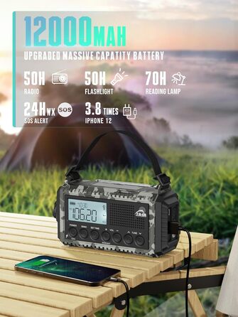 Радіо на сонячній батареї та з ручним генератором | Powerbank 12000mAh | AM/FM/SW, SOS, USB-C, IPX4, ліхтарик | для кемпінгу та відпочинку на природі (Граутарт)