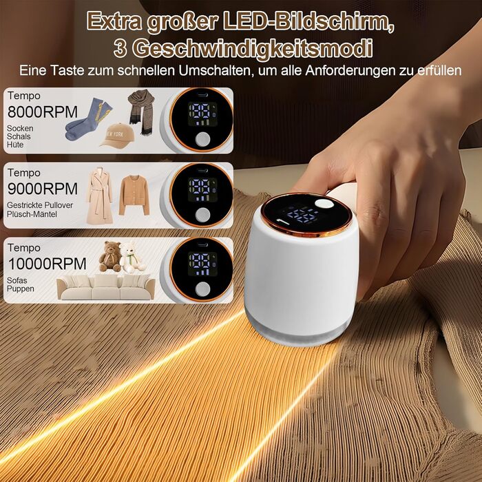 Електричний видальник ворсу 2-в-1 з роликом, 6 лез, 3 швидкості, LED-дисплей, для різних тканин