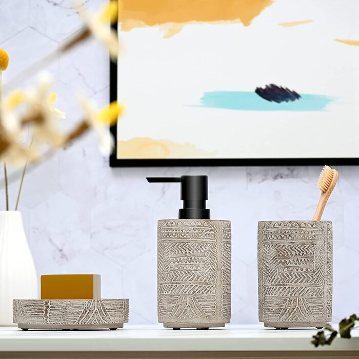 Набір аксесуарів для ванної кімнати Creativefine з дерева, 3 шт: дозатор мила, мильниця, тримач для зубних щіток (ретро-рельєфний візерунок)