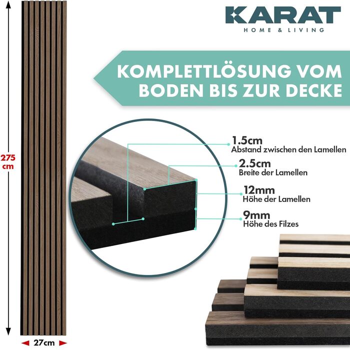 Акустичні настінні панелі KARAT з натурального шпона горіха (Black Walnut) — декоративна рейкова стіна з дерева та фетру для звукоізоляції та шумопоглинання, 275 x 27 см